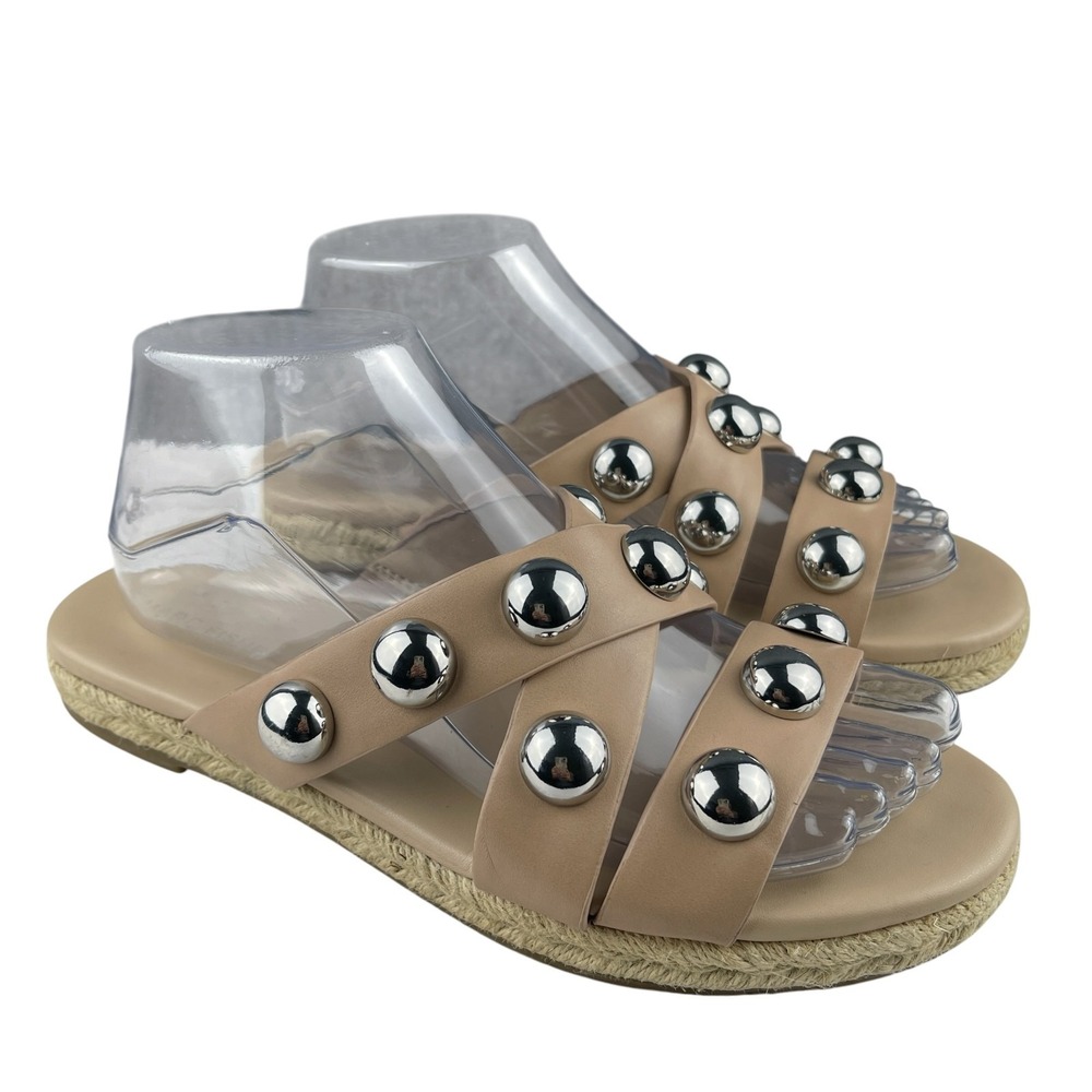 Marc Fisher Women's Slide Sandals 8.5M Tan Silver Espadrille Prisca Ball Studded
